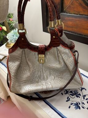 Brahmin Elisa Silver Croc-Embossed Leather Shoulder Bag / Hobo with Brown Trim